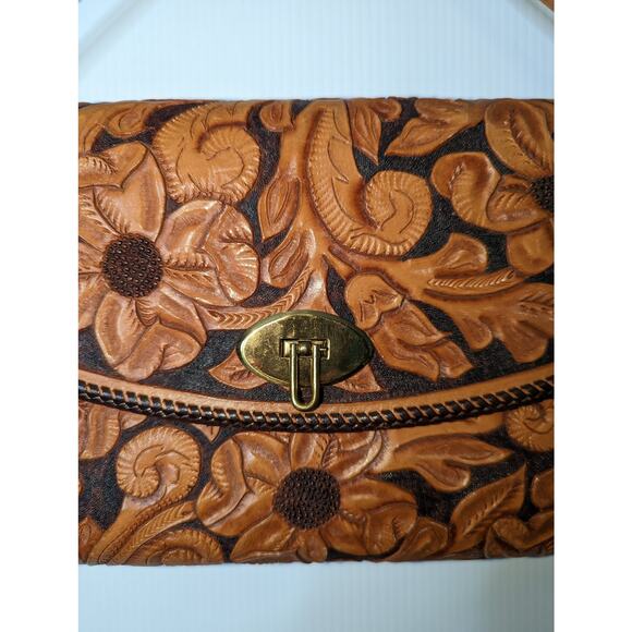 Vintage Hand Tooled Leather Hand Bag Floral Leaf Pattern - Picture 9 of 9